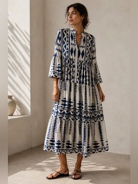 Blue White Geometric Boho Midi Dress Button Front Tiered M/L